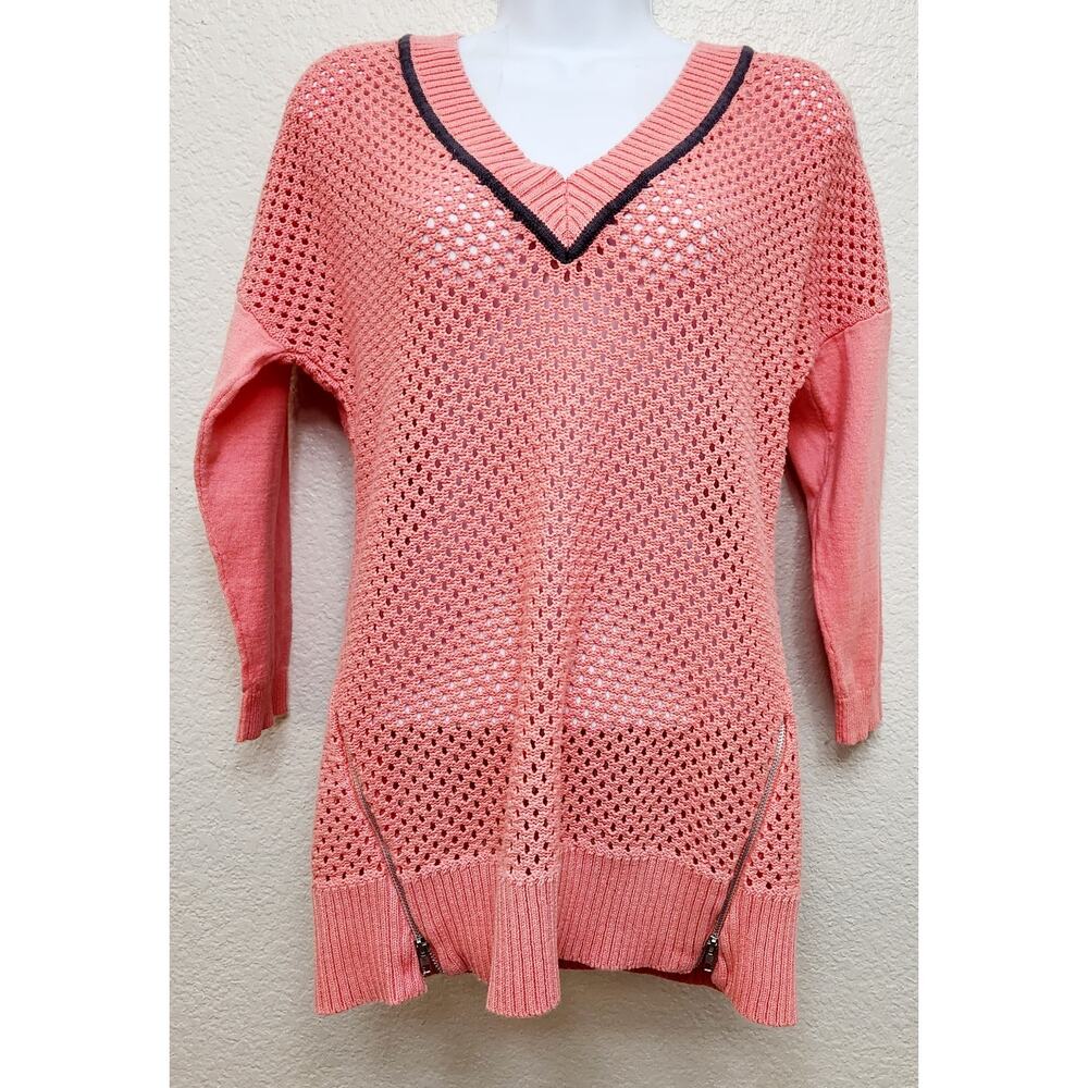 Cooper Key Orange Open Knit Front Zipper Hem Detail Sweater Top Medium Stretch